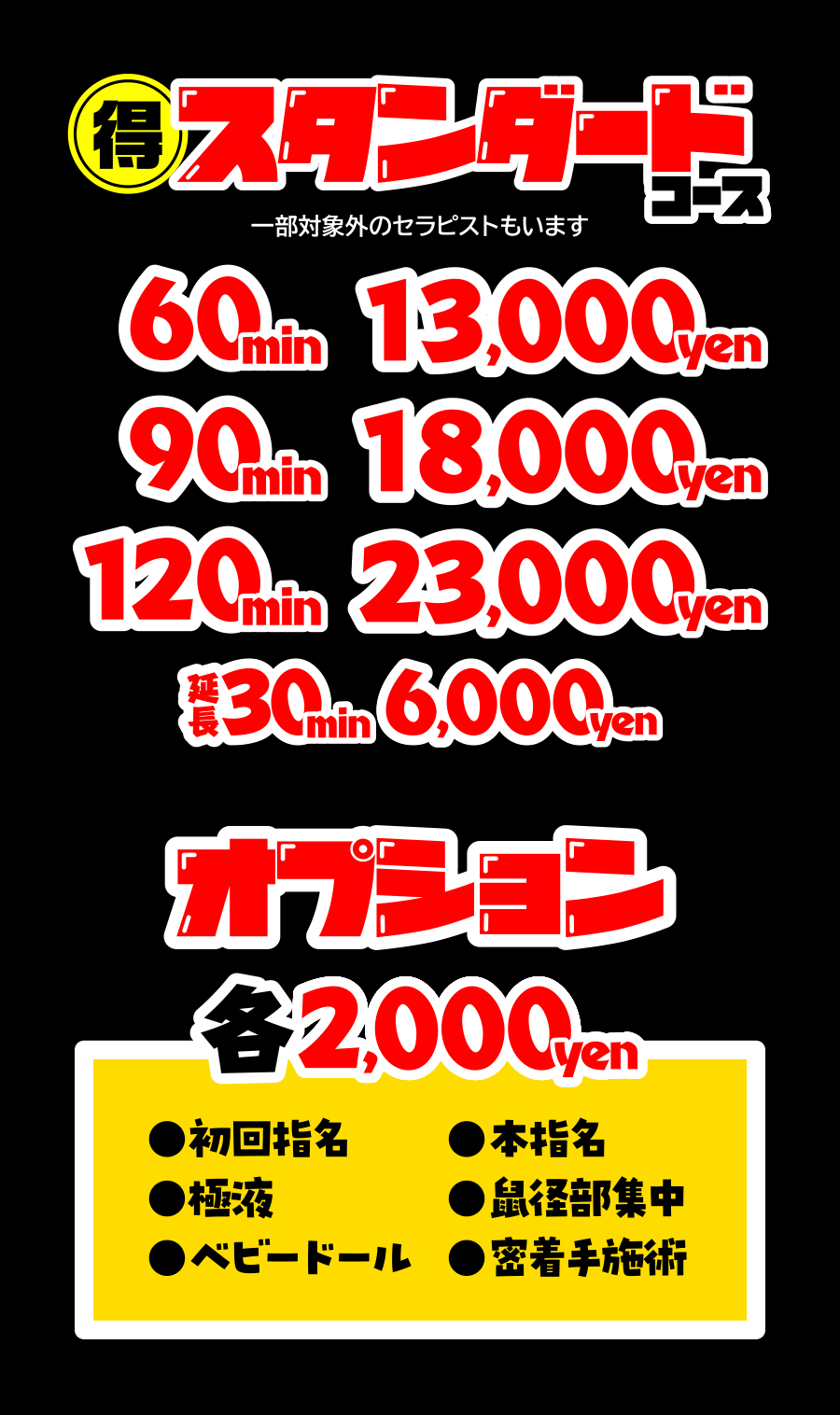 スタンダードコース。60分13,000円、90分18,000円、120分23,000円、延長30分6千円。オプション各2千円。超密着ゼロ距離施術、極液たっぷり、鼠径部集中、衣装チェンジ、指名料。